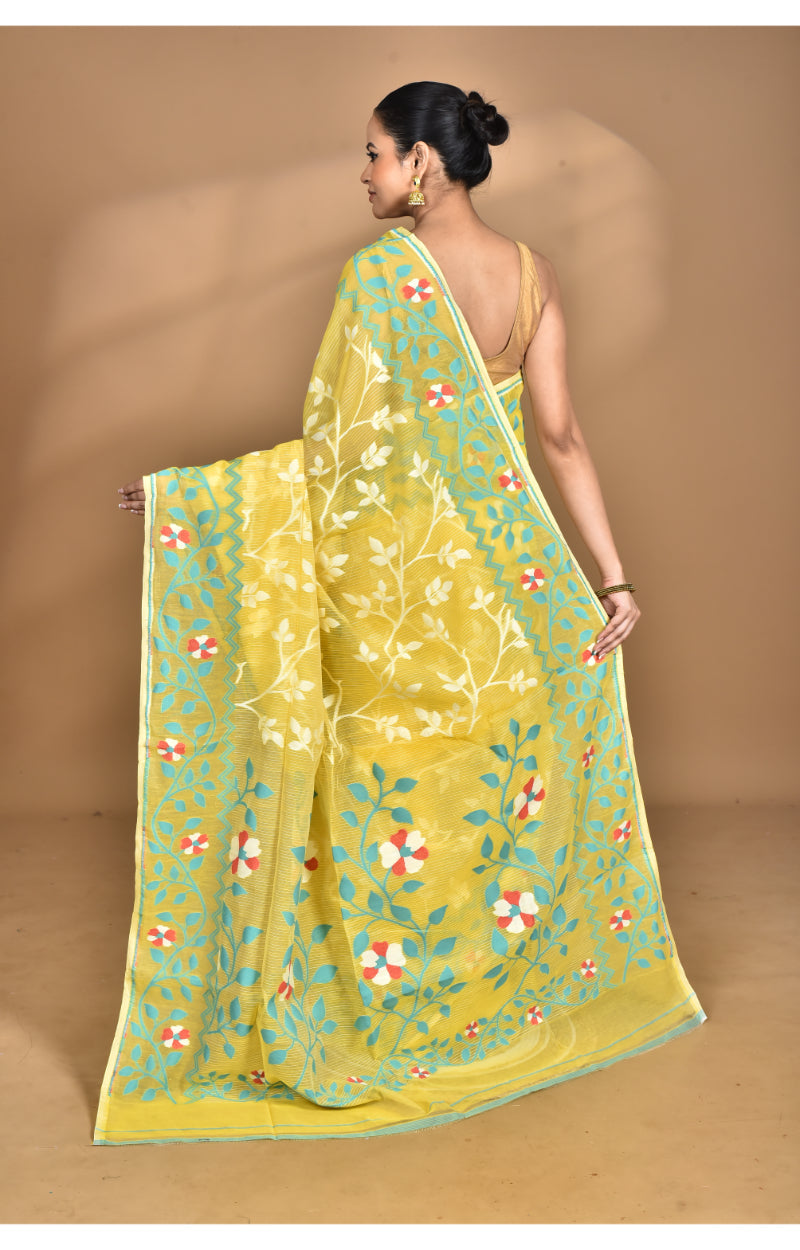 Morchari Pure Cotton Dhakai Jamdani Handloom Saree-Yellow