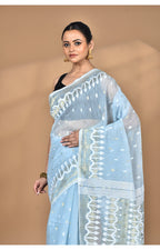 Morchari Pure Cotton Dhakai Jamdani Handloom Saree-Blue