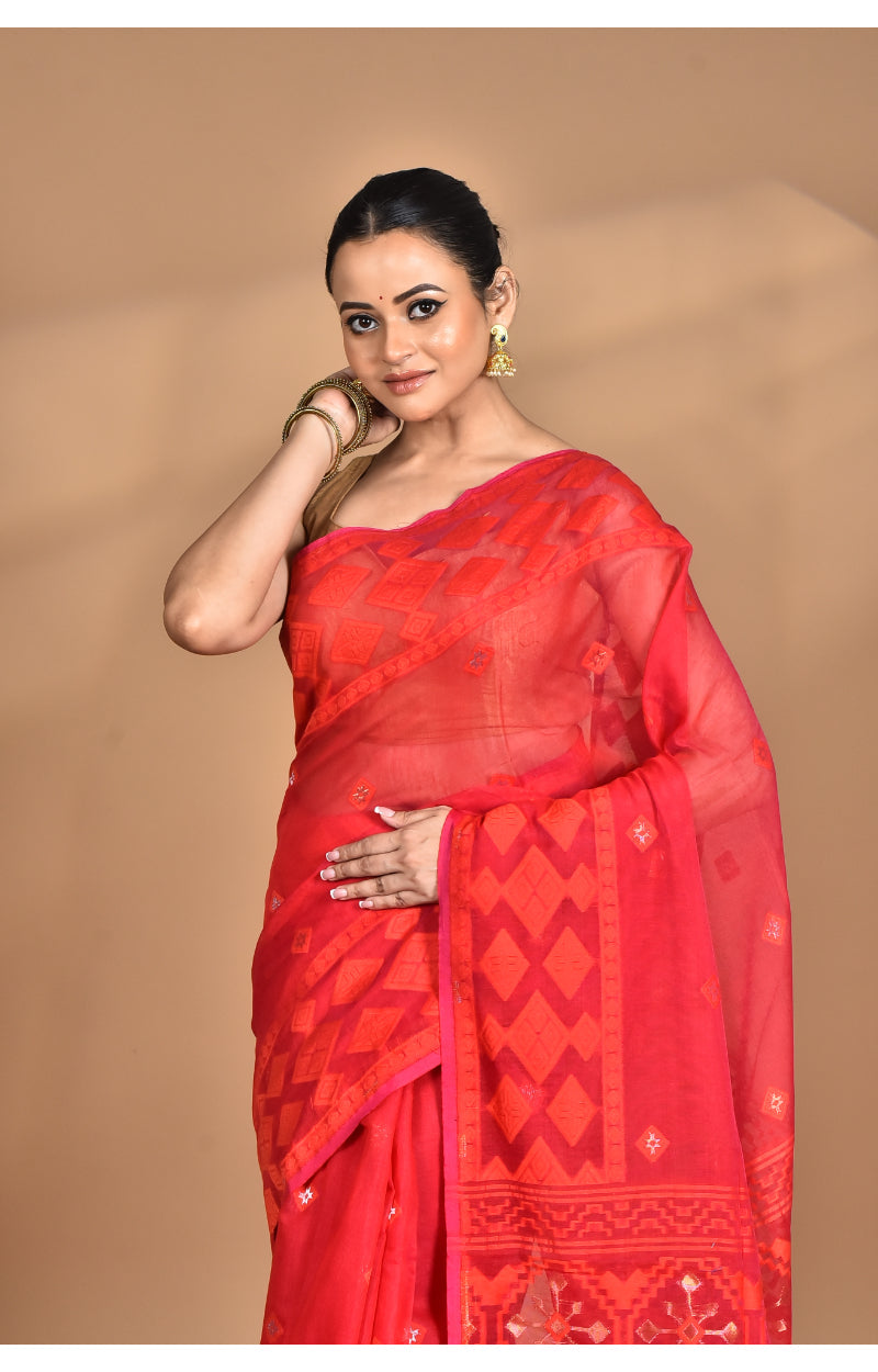 Morchari Pure Cotton Dhakai Jamdani Handloom Saree-Red