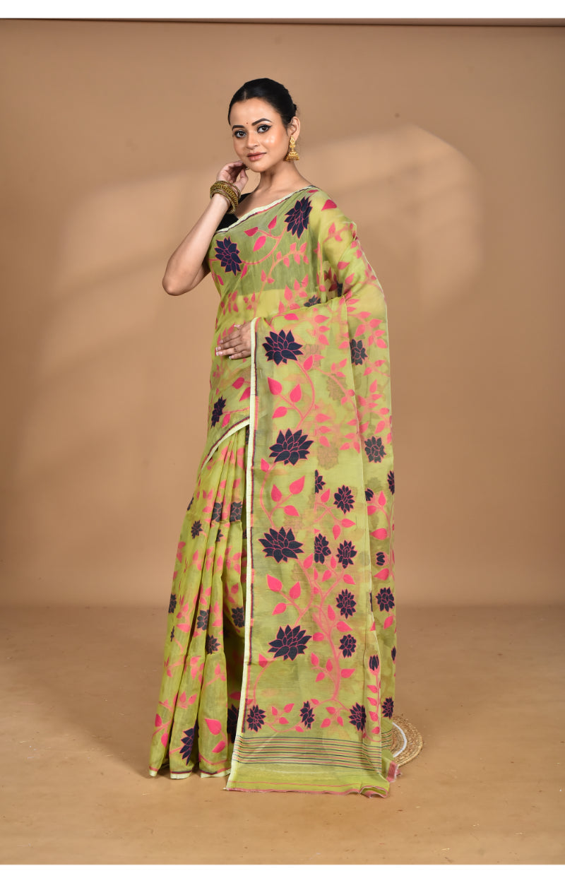 Morchari Pure Cotton Dhakai Jamdani Handloom Saree-Green