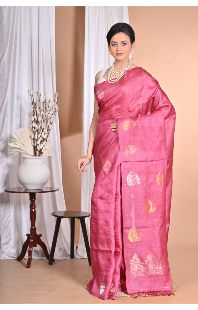 Morchari Pure Tussar Silk Handloom Saree-Pink