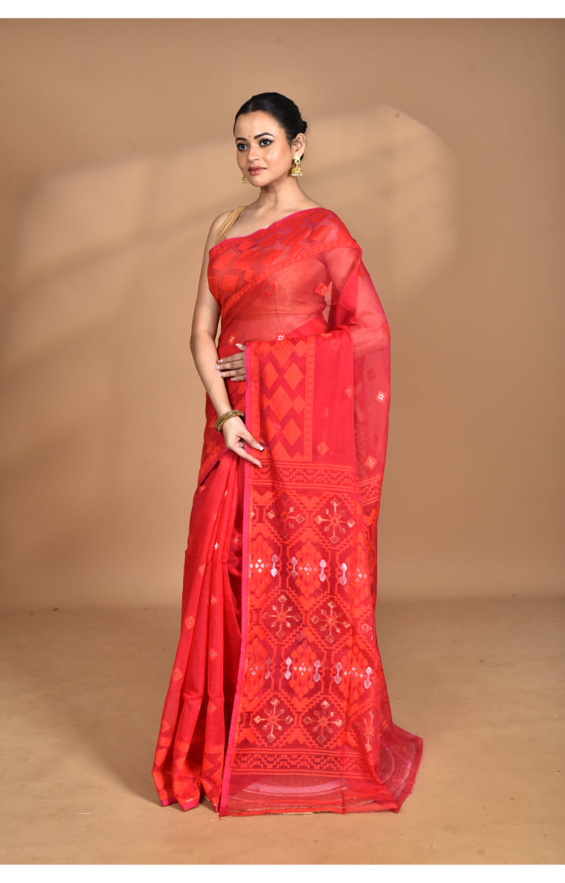 Morchari Pure Cotton Dhakai Jamdani Handloom Saree-Red