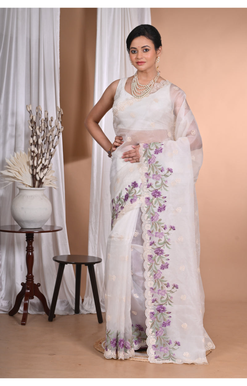 Morchari Pure Orzanga Tread Work Saree-Off White