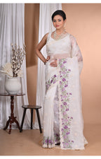Morchari Pure Orzanga Tread Work Saree-Off White