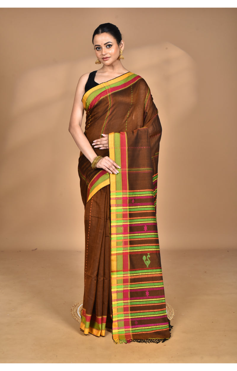 Morchari Pure Cotton Dhakai Jamdani Handloom Saree-Brown