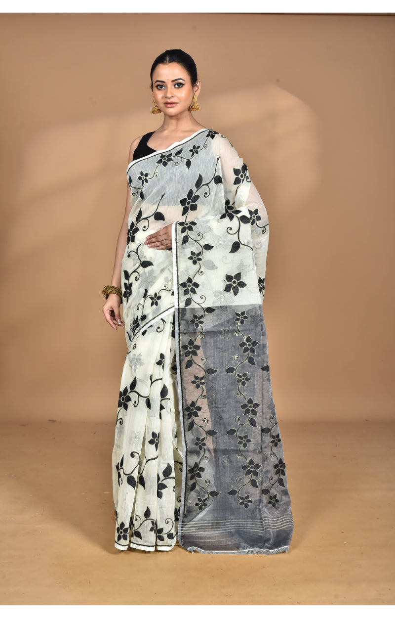 Morchari Pure Cotton Dhakai Jamdani Handloom Saree-Cream