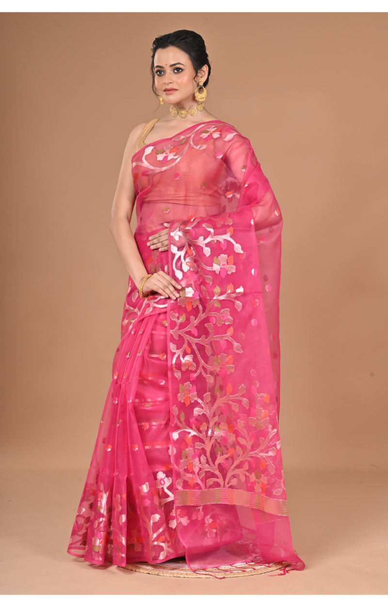 Morchari Semi Orzanga Jamdani Silk Saree-Rani Pink
