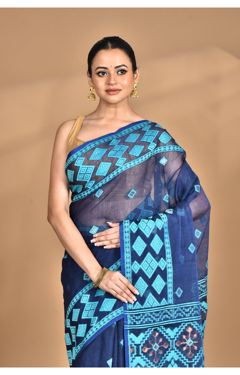 Morchari Pure Cotton Dhakai Jamdani Handloom Saree-Blue