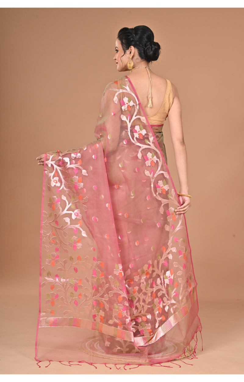 Morchari Semi Orzanga Jamdani Silk Saree-Mehendi