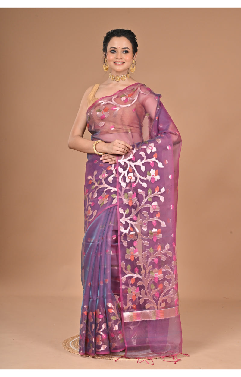 Morchari Semi Orzanga Jamdani Silk Saree-Wine
