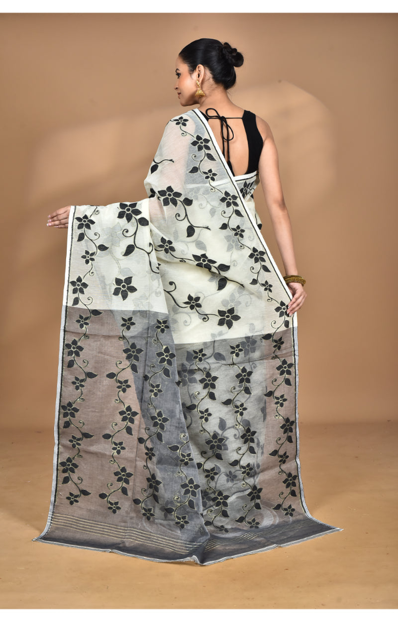 Morchari Pure Cotton Dhakai Jamdani Handloom Saree-Cream