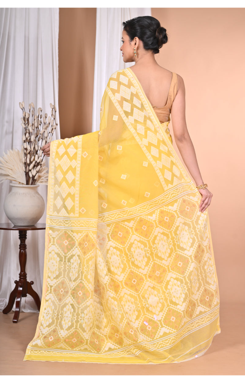 Morchari Pure Cotton Dhakai Jamdani Handloom Saree-Yellow