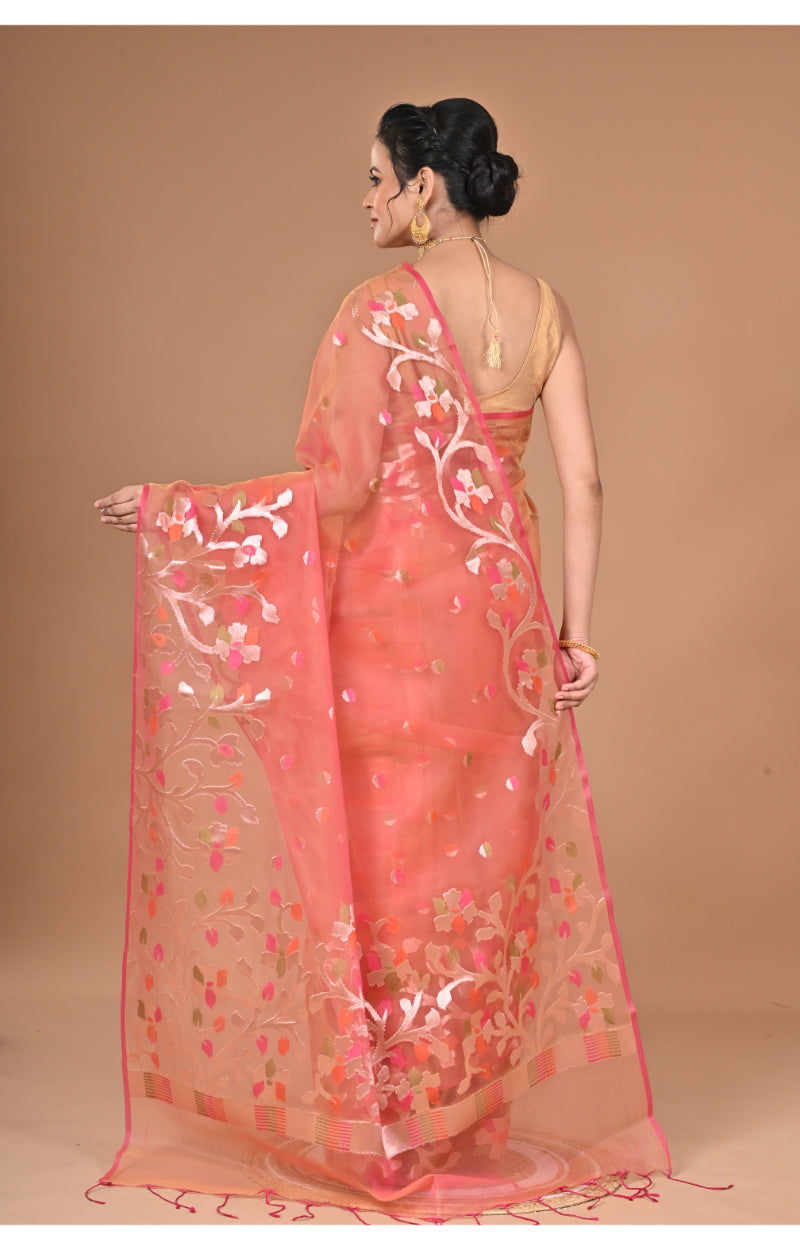 Morchari Semi Orzanga Jamdani Silk Saree-Peach