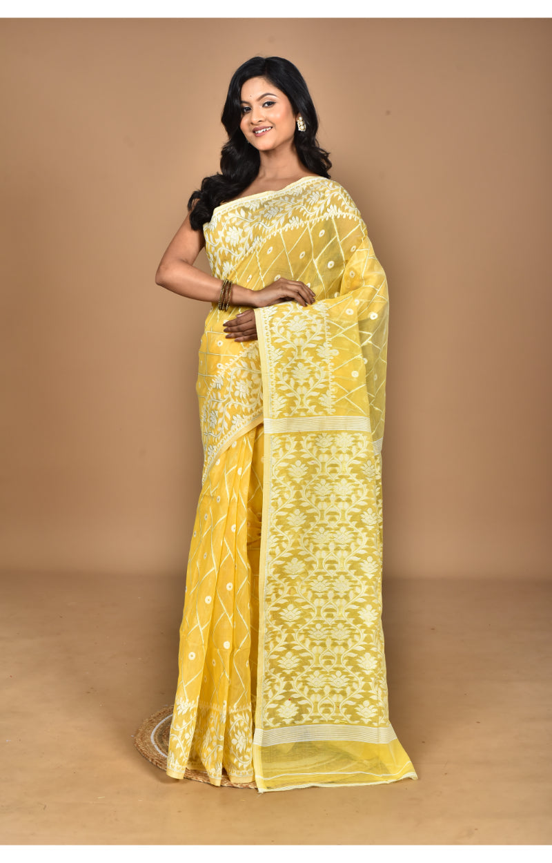 Morchari Pure Cotton Dhakai Jamdani Handloom Saree-Yellow