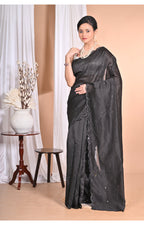 Morchari Pure Chandari Mirror Work Saree-Black