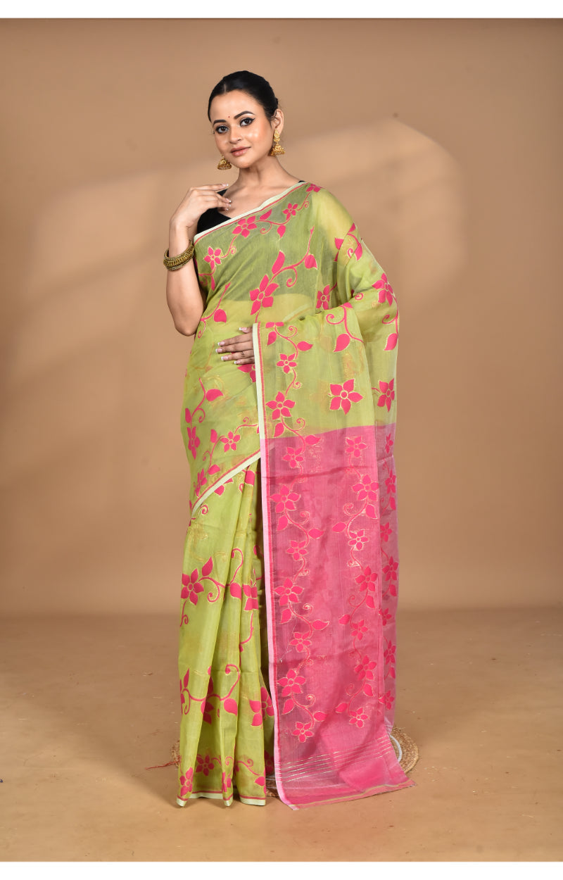Morchari Pure Cotton Dhakai Jamdani Handloom Saree-Green