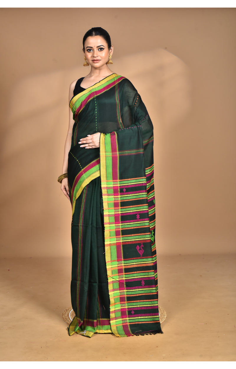 Morchari Pure Cotton Dhakai Jamdani Handloom Saree-Green