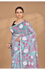 Morchari Pure Cotton Dhakai Jamdani Handloom Saree-Blue