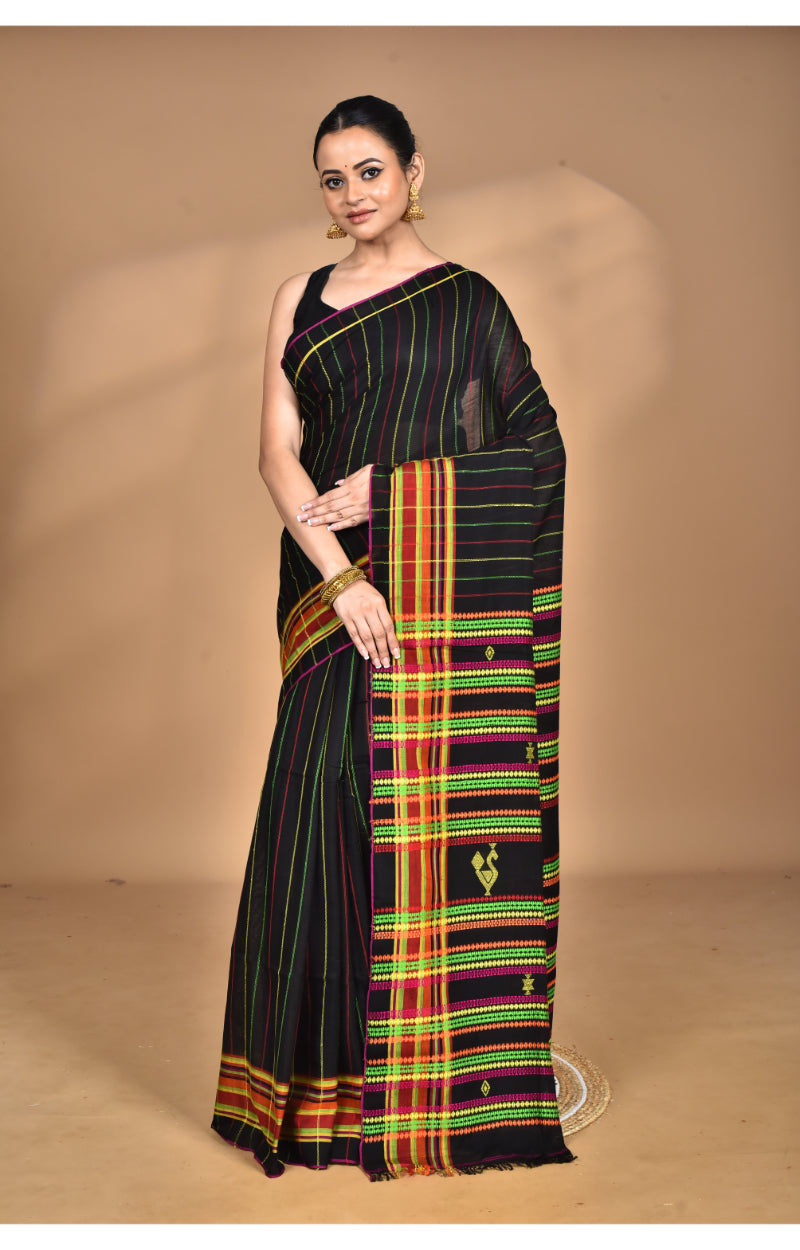 Morchari Pure Cotton Dhakai Jamdani Handloom Saree-Black