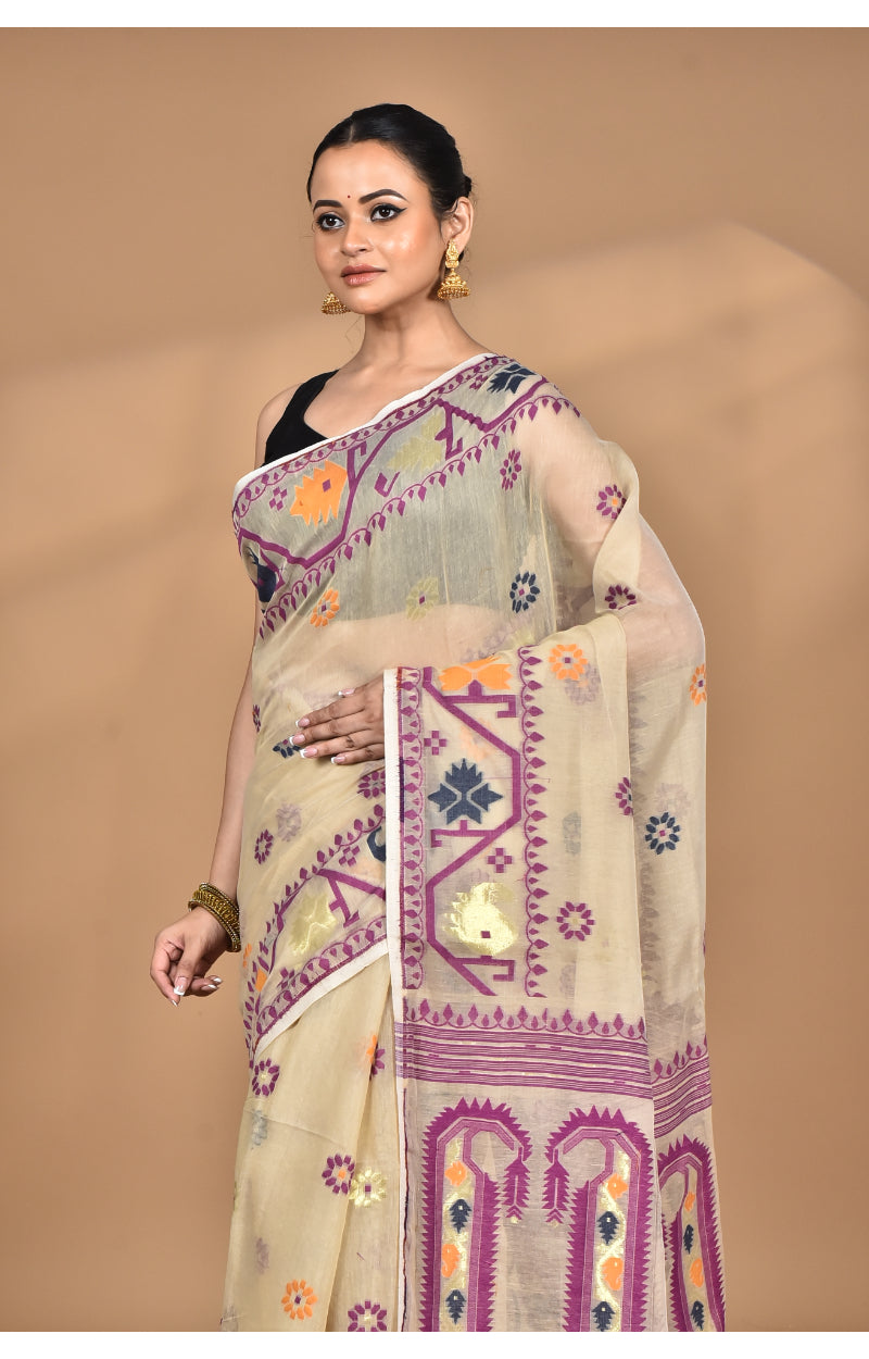 Morchari Pure Cotton Dhakai Jamdani Handloom Saree-Beige