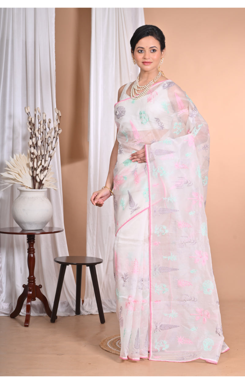 Morchari Pure Orzanga Tread Work Saree-Off White