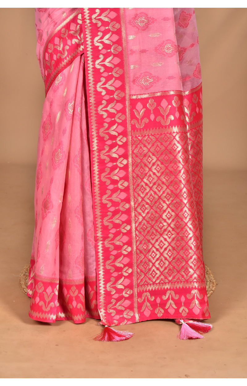 Morchari Women Desgin Kashmiri Silk Linen Saree-Pink