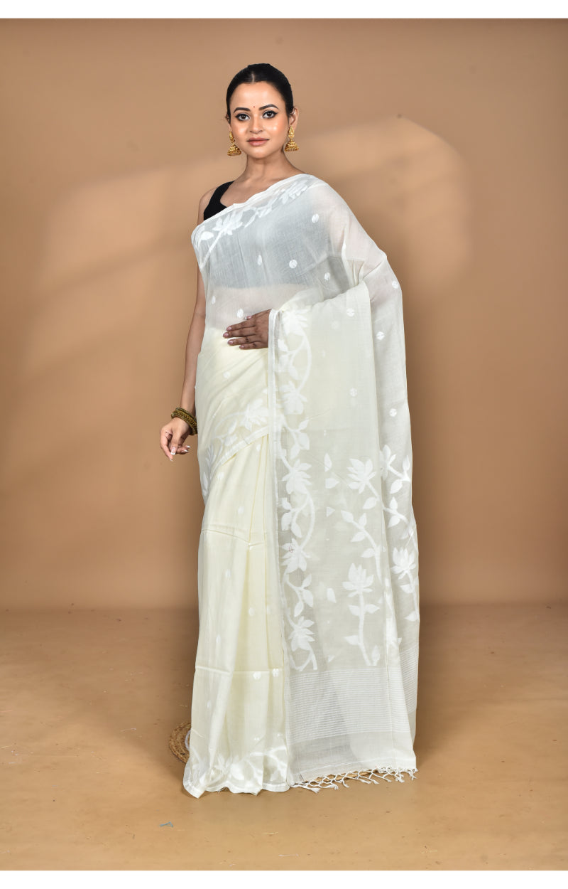 Morchari Pure Cotton Dhakai Jamdani Handloom Saree-Cream