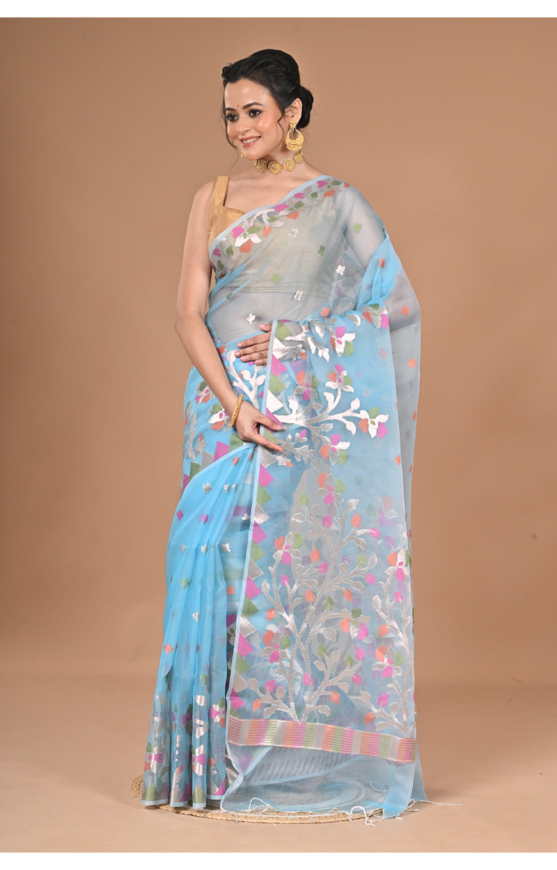Morchari Heavy Jamdani Silk Orzanga Saree-Blue