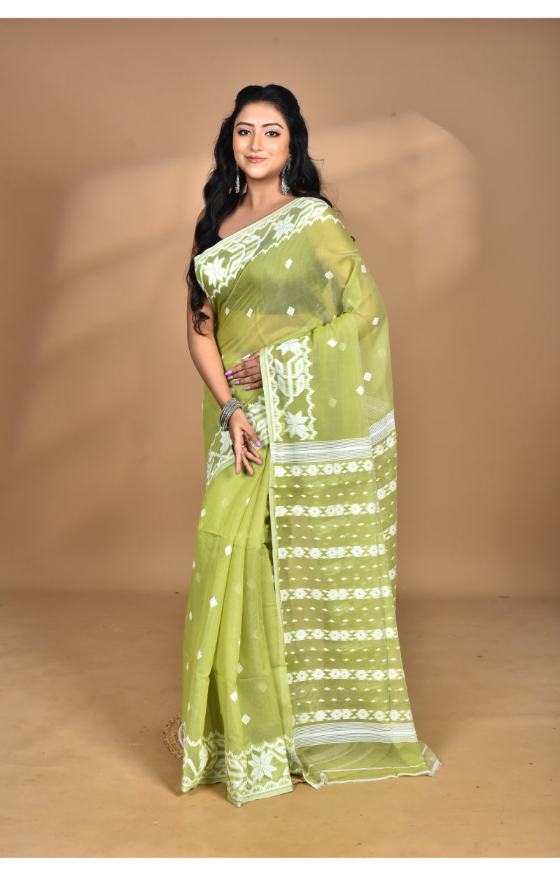 Morchari Pure Cotton Dhakai Jamdani Handloom Saree-Green