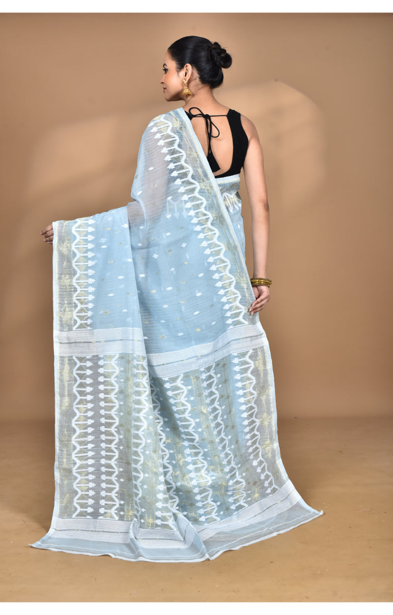Morchari Pure Cotton Dhakai Jamdani Handloom Saree-Blue