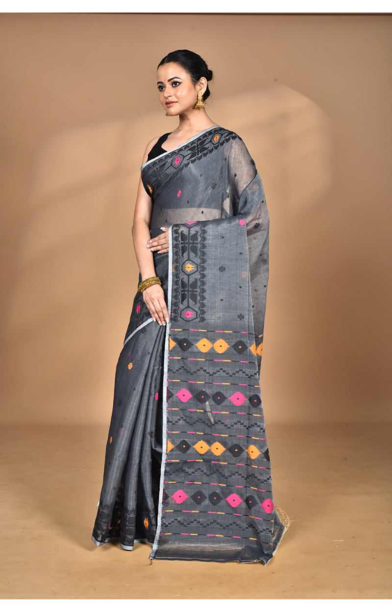 Morchari Pure Cotton Dhakai Jamdani Handloom Saree-Grey