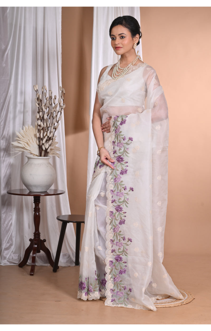 Morchari Pure Orzanga Tread Work Saree-Off White