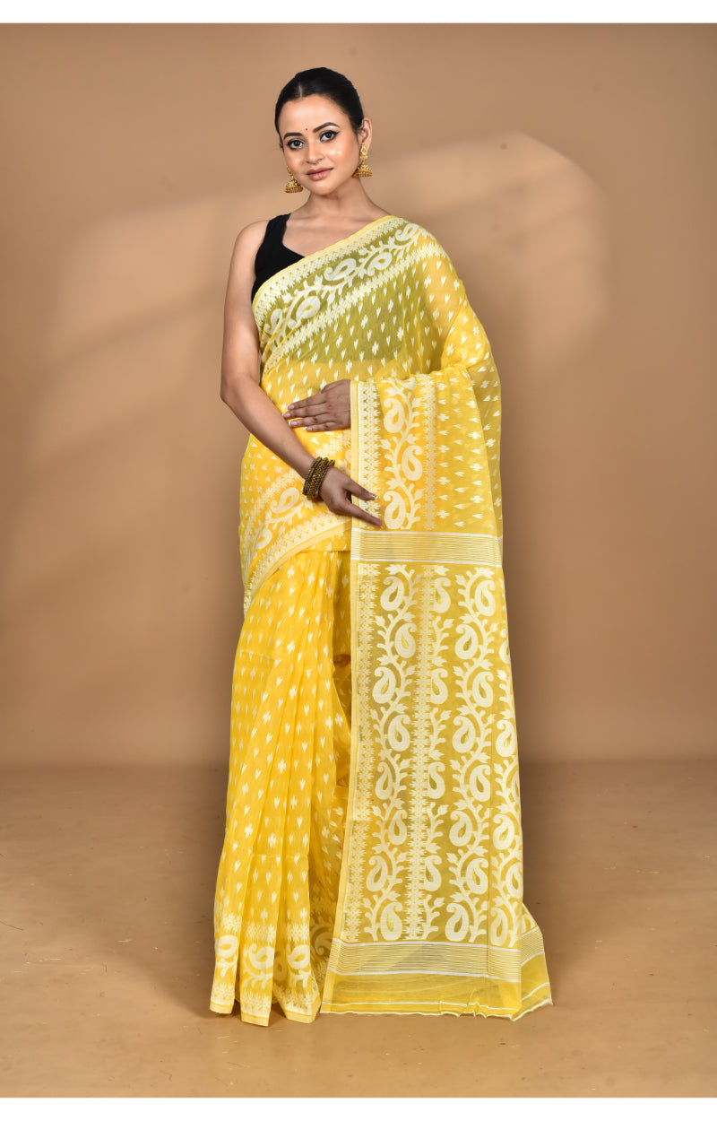 Morchari Pure Cotton Dhakai Jamdani Handloom Saree-Yellow