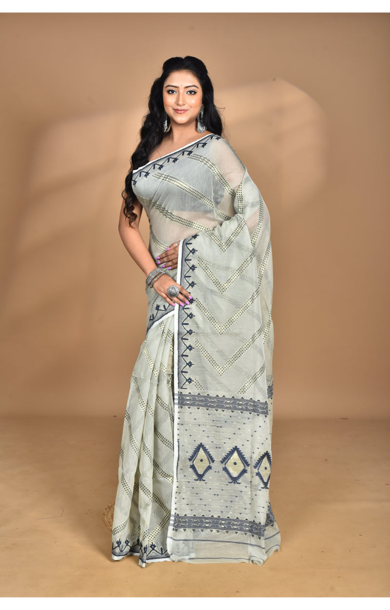 Morchari Pure Cotton Dhakai Jamdani Handloom Saree-Grey