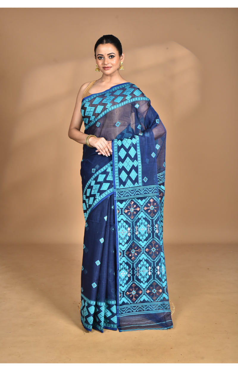 Morchari Pure Cotton Dhakai Jamdani Handloom Saree-Blue