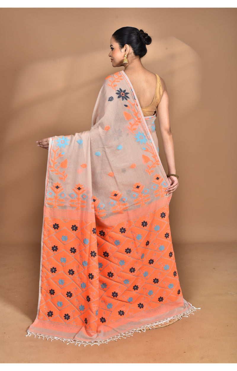Morchari Pure Cotton Dhakai Jamdani Handloom Saree-Beige