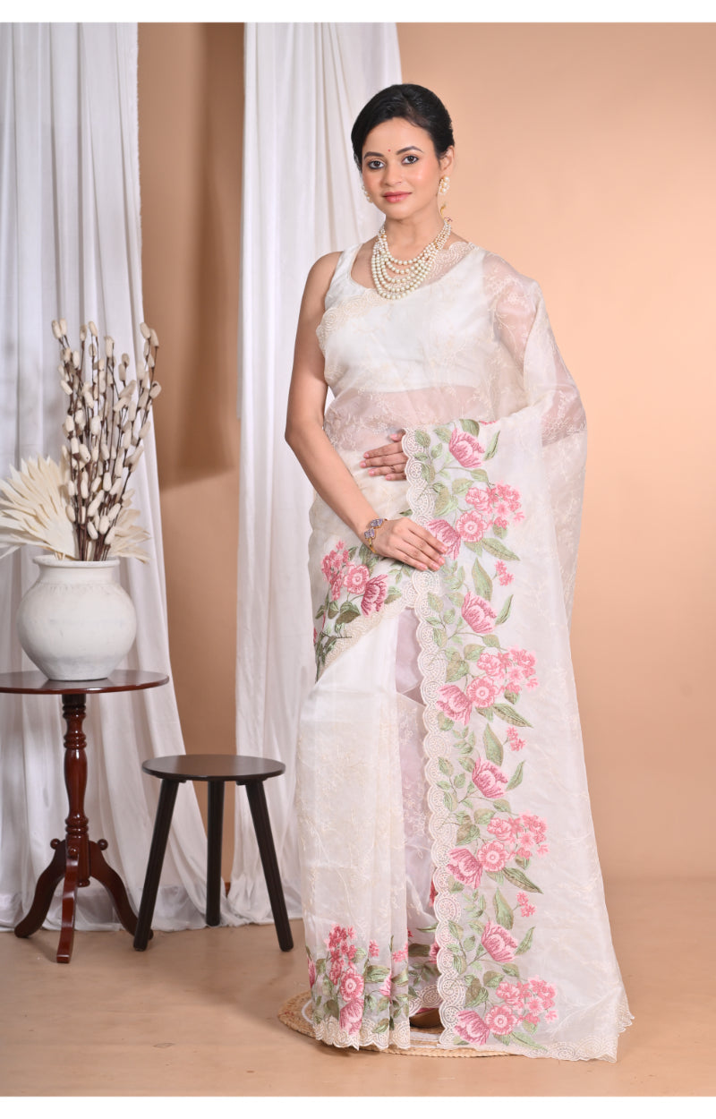 Morchari Pure Orzanga Tread Work Saree-Off White