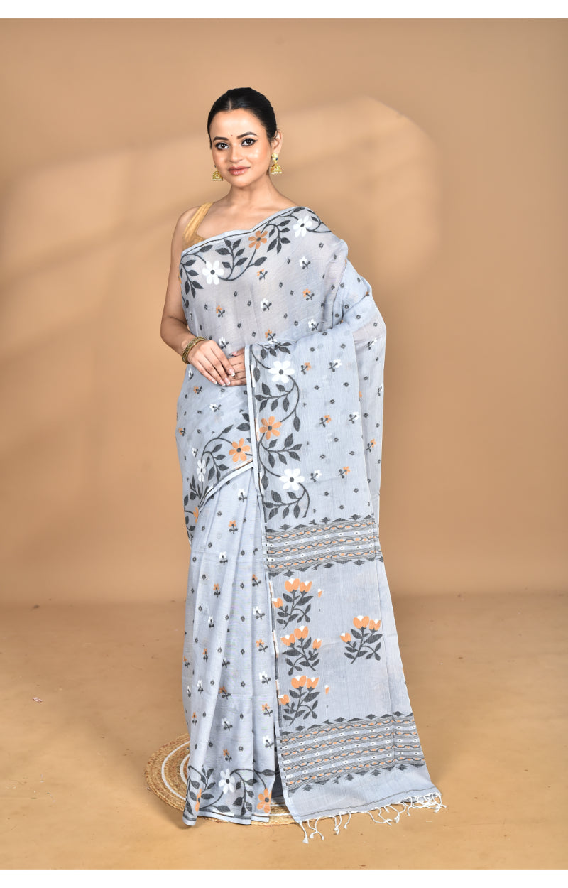 Morchari Pure Cotton Dhakai Jamdani Handloom Saree-Grey