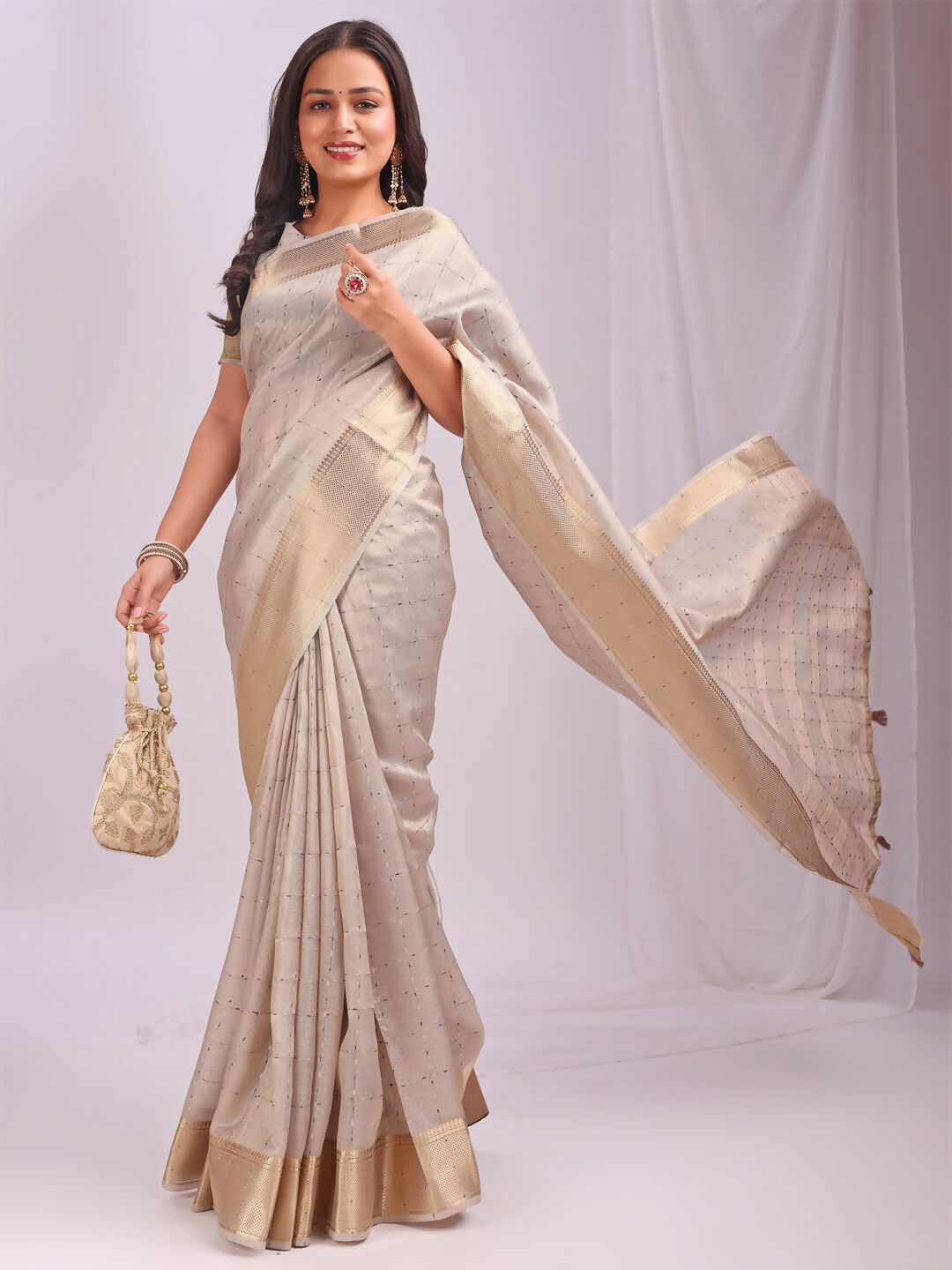 Shree Shyam Fashion Organza Cream Saree - Distacart
