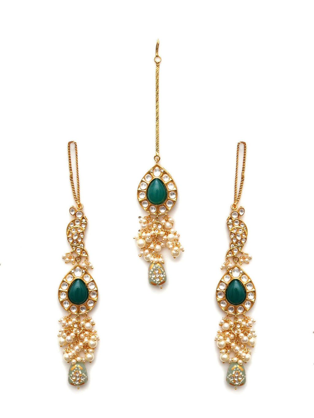 Kundan Choker with Matching Earrings & Maang Tikka Jewellery Set (Gold) - Ruby Raang