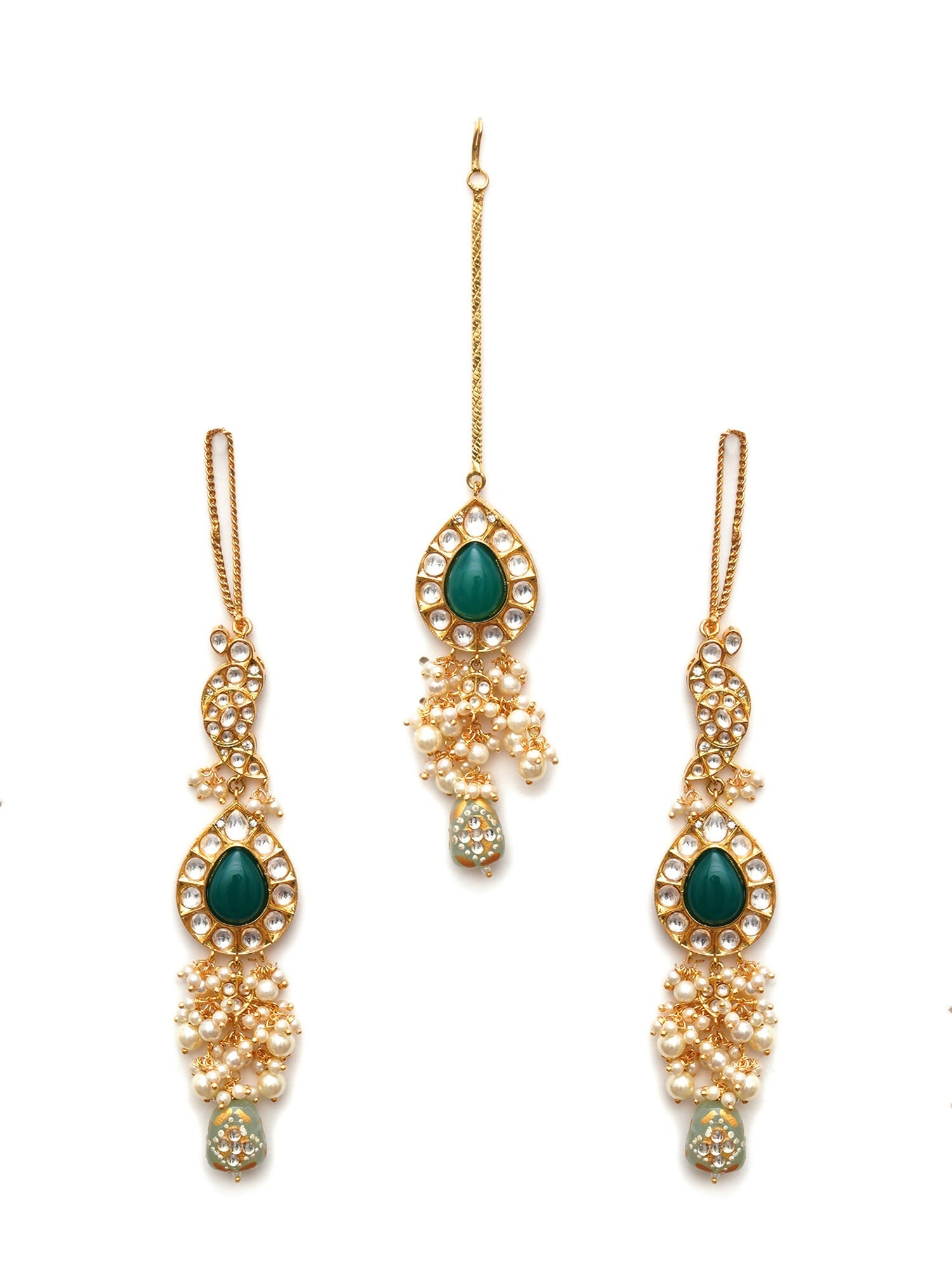 Kundan Choker with Matching Earrings & Maang Tikka Jewellery Set (Gold) - Ruby Raang
