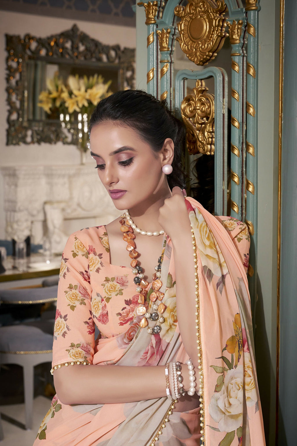 Vastranavya Peach Spectacular Georgette Printed with Pearl Lace Saree with Unstitched Blouse - Distacart