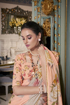 Vastranavya Peach Spectacular Georgette Printed with Pearl Lace Saree with Unstitched Blouse - Distacart