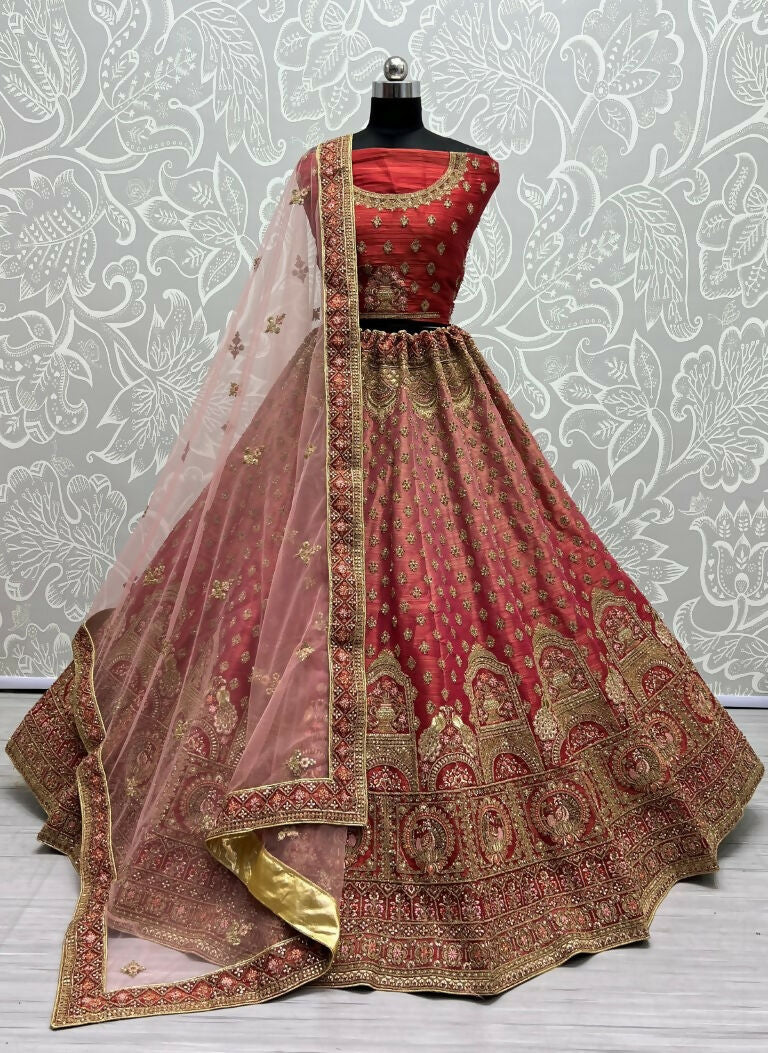 Jyoti Fashion Women's Red Bridal Net Fancy Dori & Sequins Multi Thread Embroidered with Diamond Work Wedding Lehenga Choli
