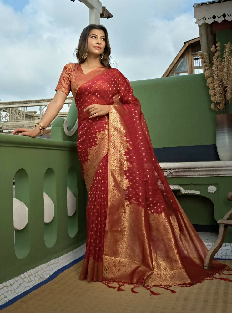 Delightful Designer Maroon Color Organza Silk Saree With Weaving Work - Yomika Fashions