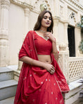 Lorenvalley Red Pure Chanderi Plain With Zari Weaving Work Border Lehenga Choli