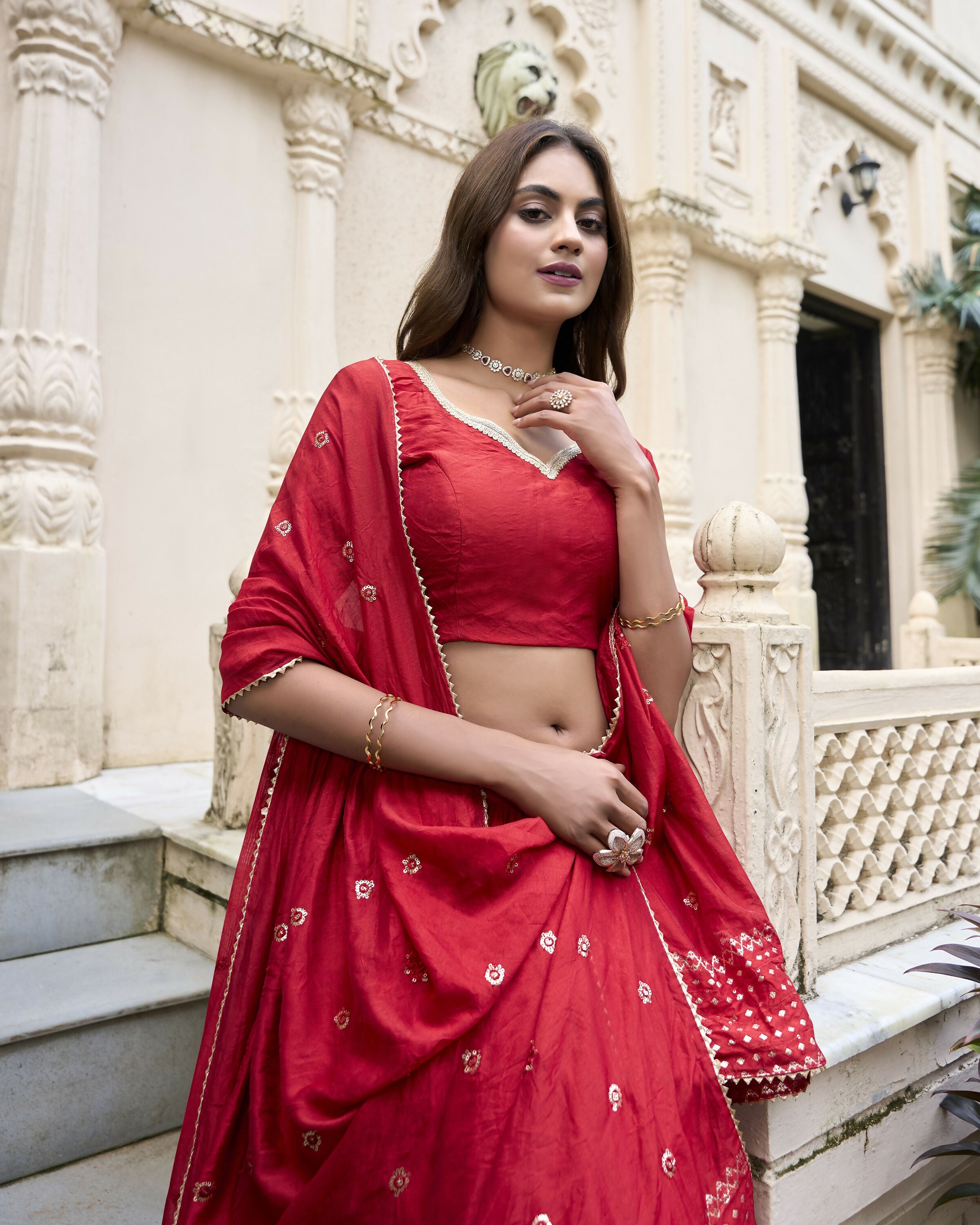 Lorenvalley Red Pure Chanderi Plain With Zari Weaving Work Border Lehenga Choli