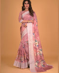 Mauve Cotton Silk Floral Printed Saree With Unstitched Blouse Piece - Akshita