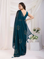 Teal Blue Rangoli Silk Diamond Work Ready To Wear Saree - Tamana
