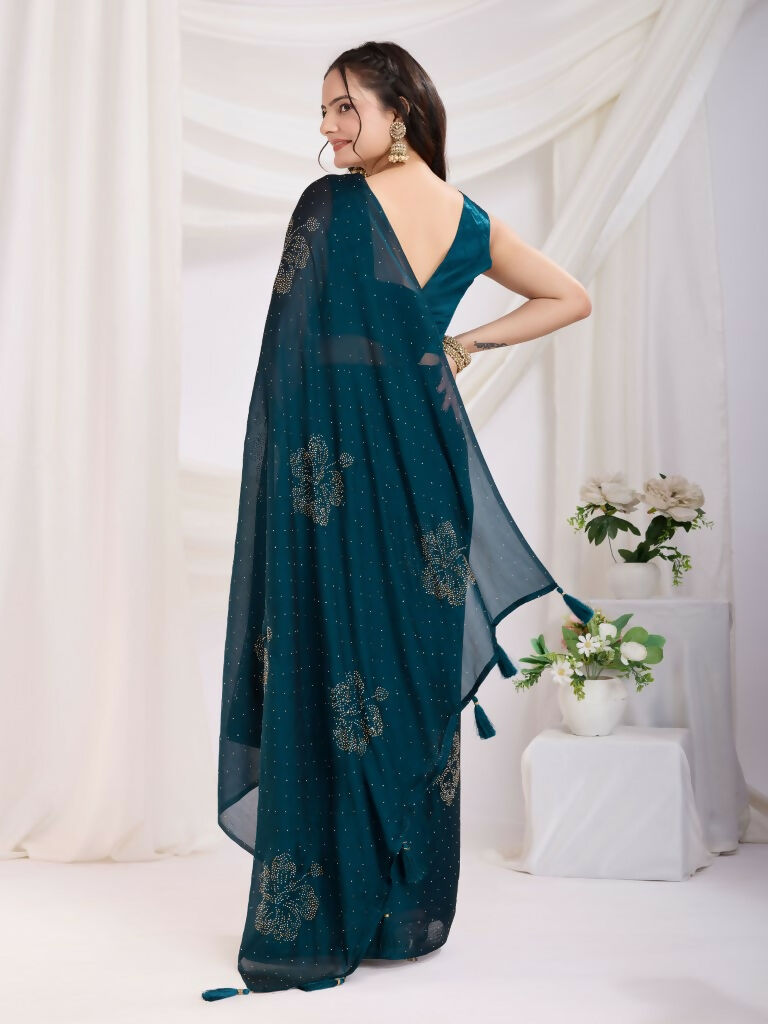 Teal Blue Rangoli Silk Diamond Work Ready To Wear Saree - Tamana